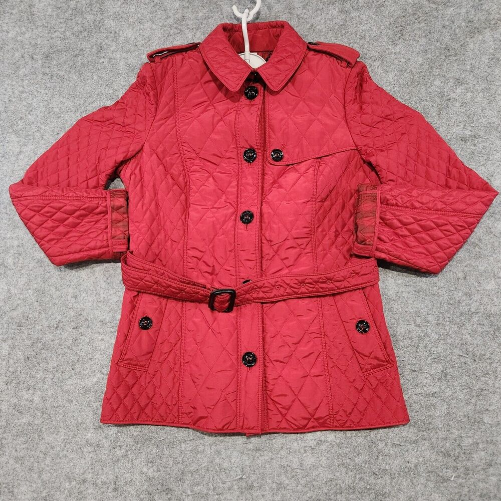Burberry London Womens Size US‎ 10 UK 12 Quilted Red Belted Button Up Jacket - Picture 2 of 16